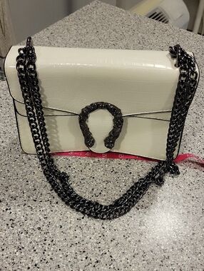 White Croc-Embossed Crossbody Bag with Gunmetal Chain